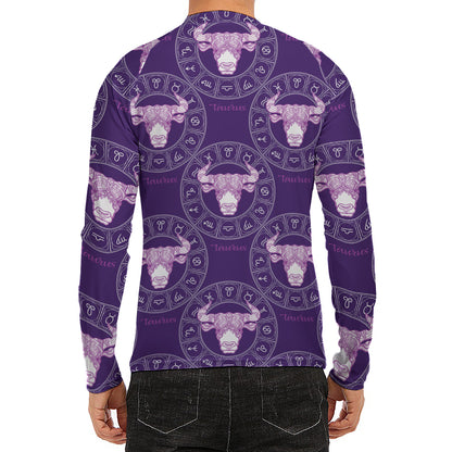 Purple Taurus Zodiac Pattern Print Men's Long Sleeve Rash Guard