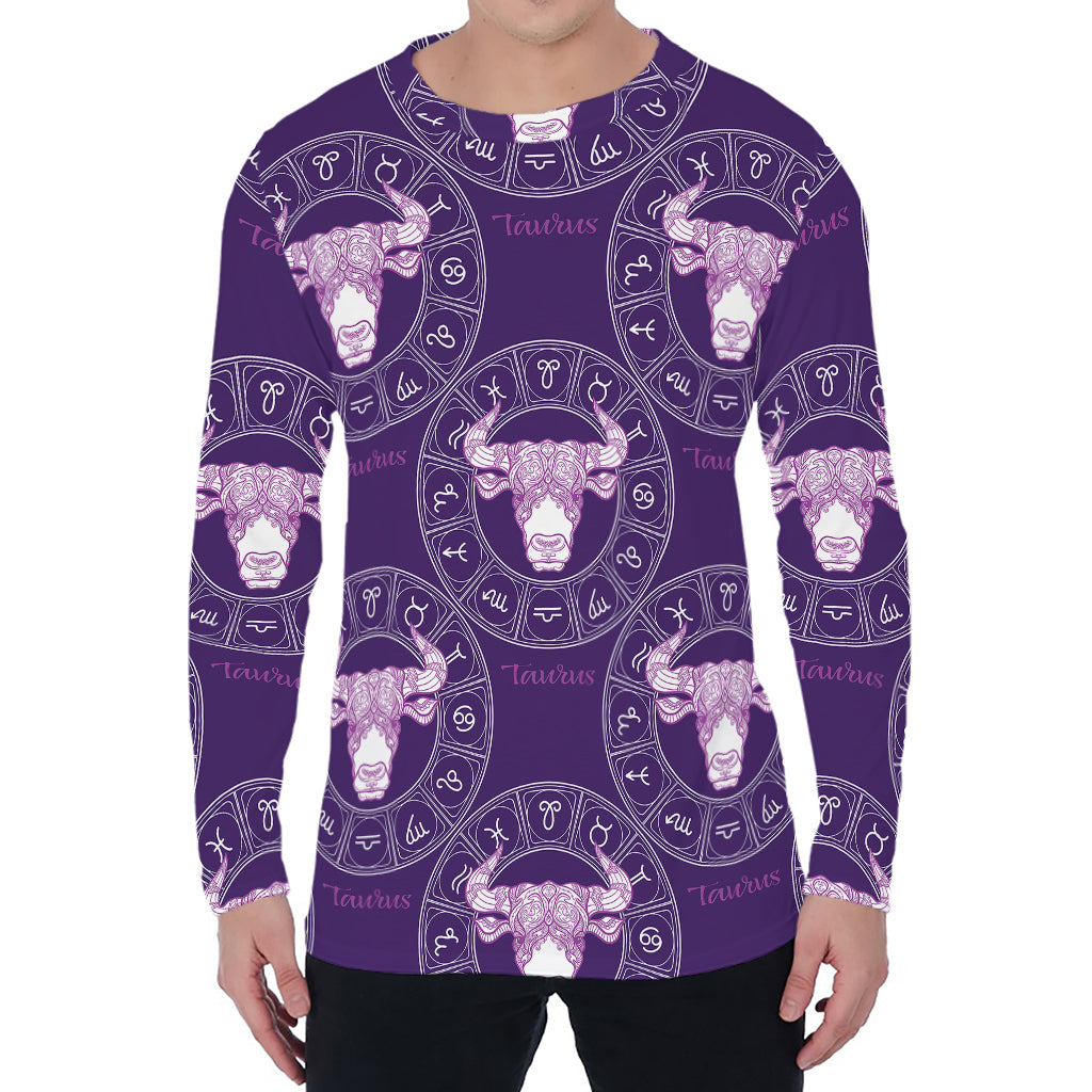 Purple Taurus Zodiac Pattern Print Men's Long Sleeve T-Shirt