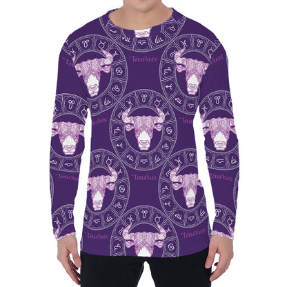 Purple Taurus Zodiac Pattern Print Men's Long Sleeve T-Shirt