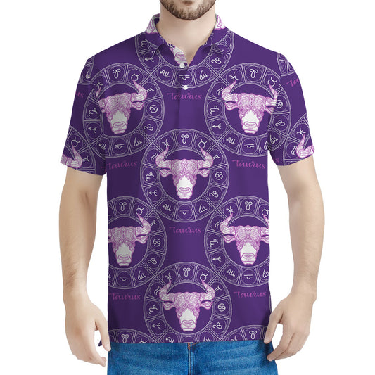 Purple Taurus Zodiac Pattern Print Men's Polo Shirt