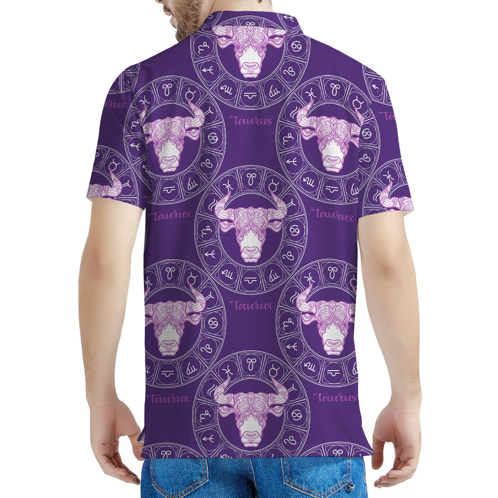 Purple Taurus Zodiac Pattern Print Men's Polo Shirt
