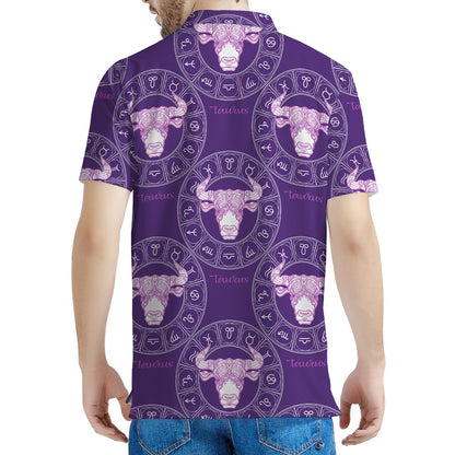 Purple Taurus Zodiac Pattern Print Men's Polo Shirt