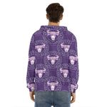 Purple Taurus Zodiac Pattern Print Men's Velvet Pullover Hoodie