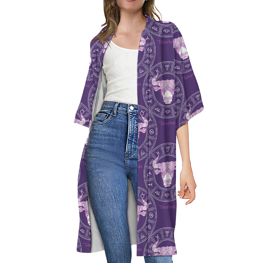 Purple Taurus Zodiac Pattern Print Open Front Beach Cover Up