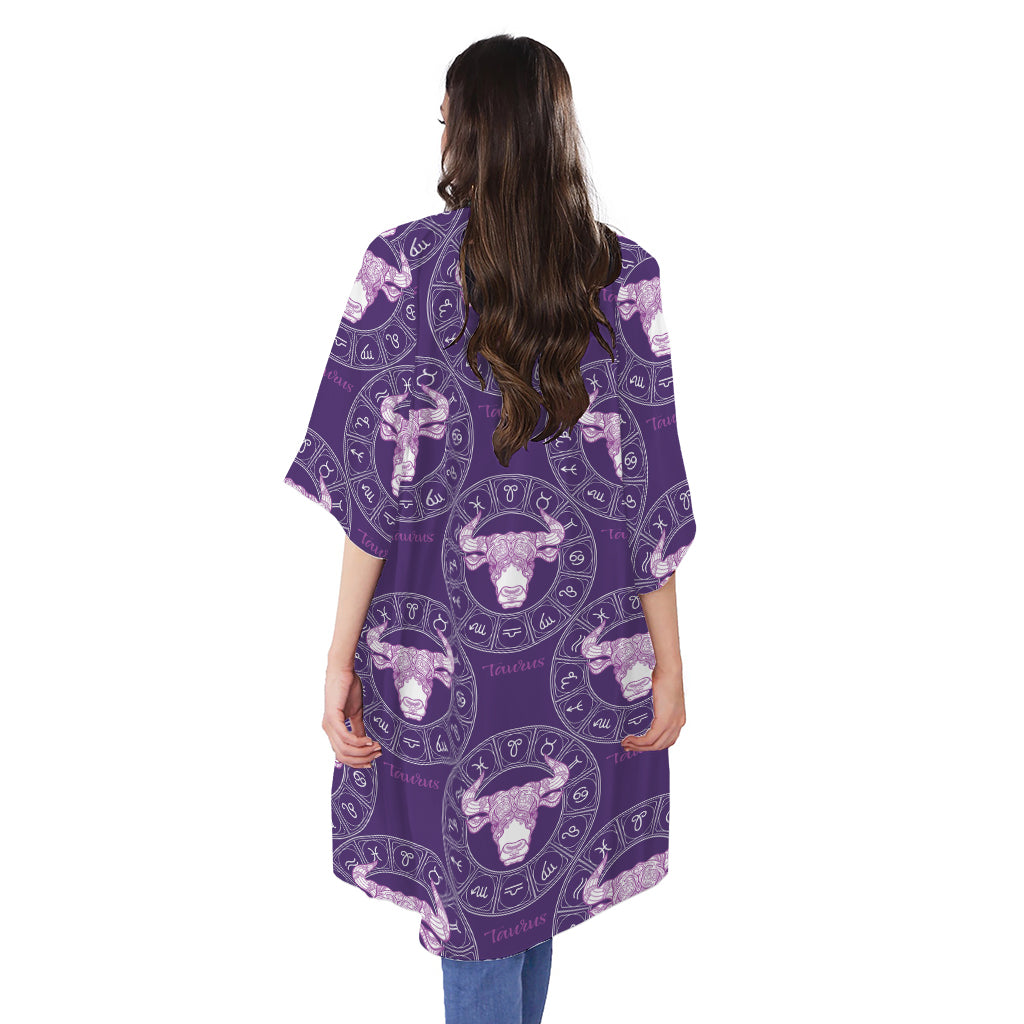 Purple Taurus Zodiac Pattern Print Open Front Beach Cover Up