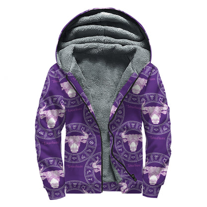 Purple Taurus Zodiac Pattern Print Sherpa Lined Zip Up Hoodie
