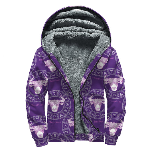 Purple Taurus Zodiac Pattern Print Sherpa Lined Zip Up Hoodie