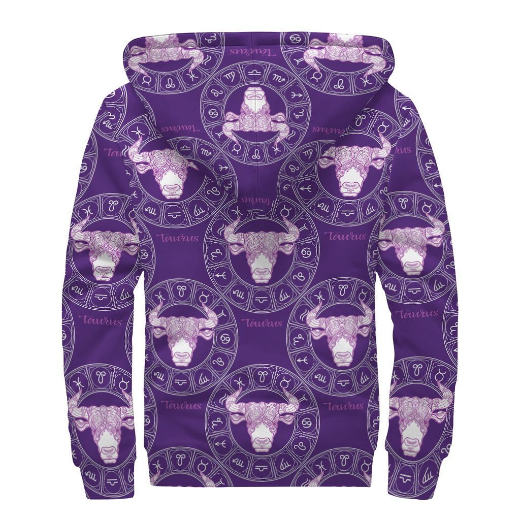Purple Taurus Zodiac Pattern Print Sherpa Lined Zip Up Hoodie