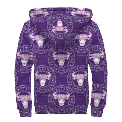 Purple Taurus Zodiac Pattern Print Sherpa Lined Zip Up Hoodie