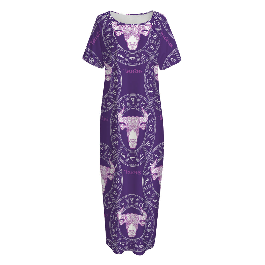 Purple Taurus Zodiac Pattern Print Short Sleeve Long Nightdress