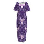 Purple Taurus Zodiac Pattern Print Short Sleeve Long Nightdress