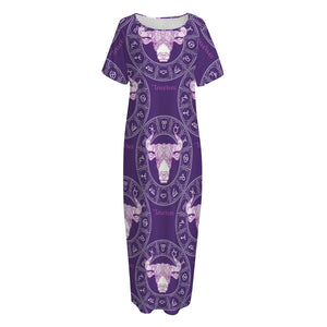 Purple Taurus Zodiac Pattern Print Short Sleeve Long Nightdress