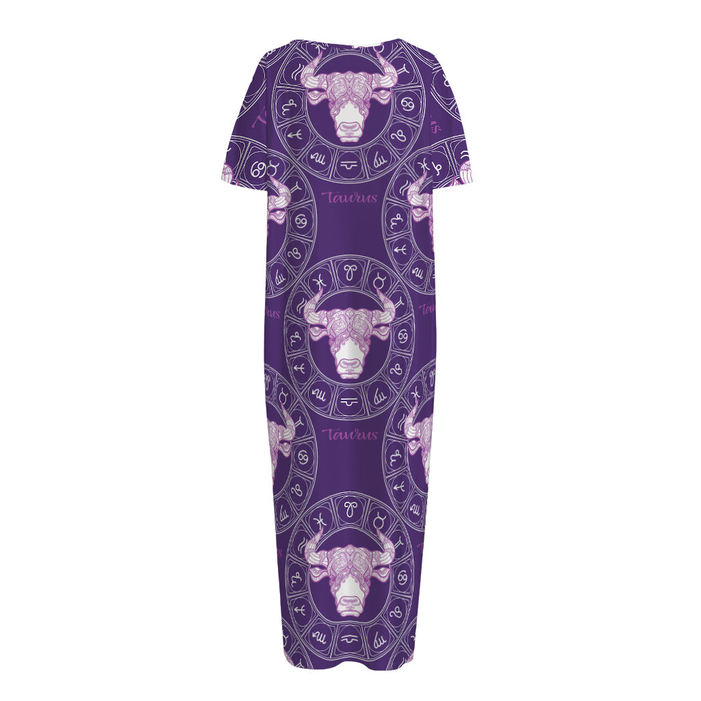 Purple Taurus Zodiac Pattern Print Short Sleeve Long Nightdress