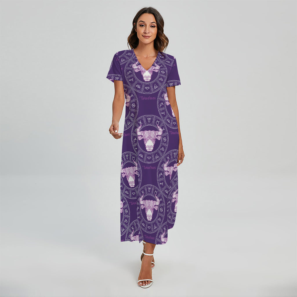 Purple Taurus Zodiac Pattern Print Short Sleeve Maxi Dress