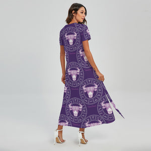 Purple Taurus Zodiac Pattern Print Short Sleeve Maxi Dress