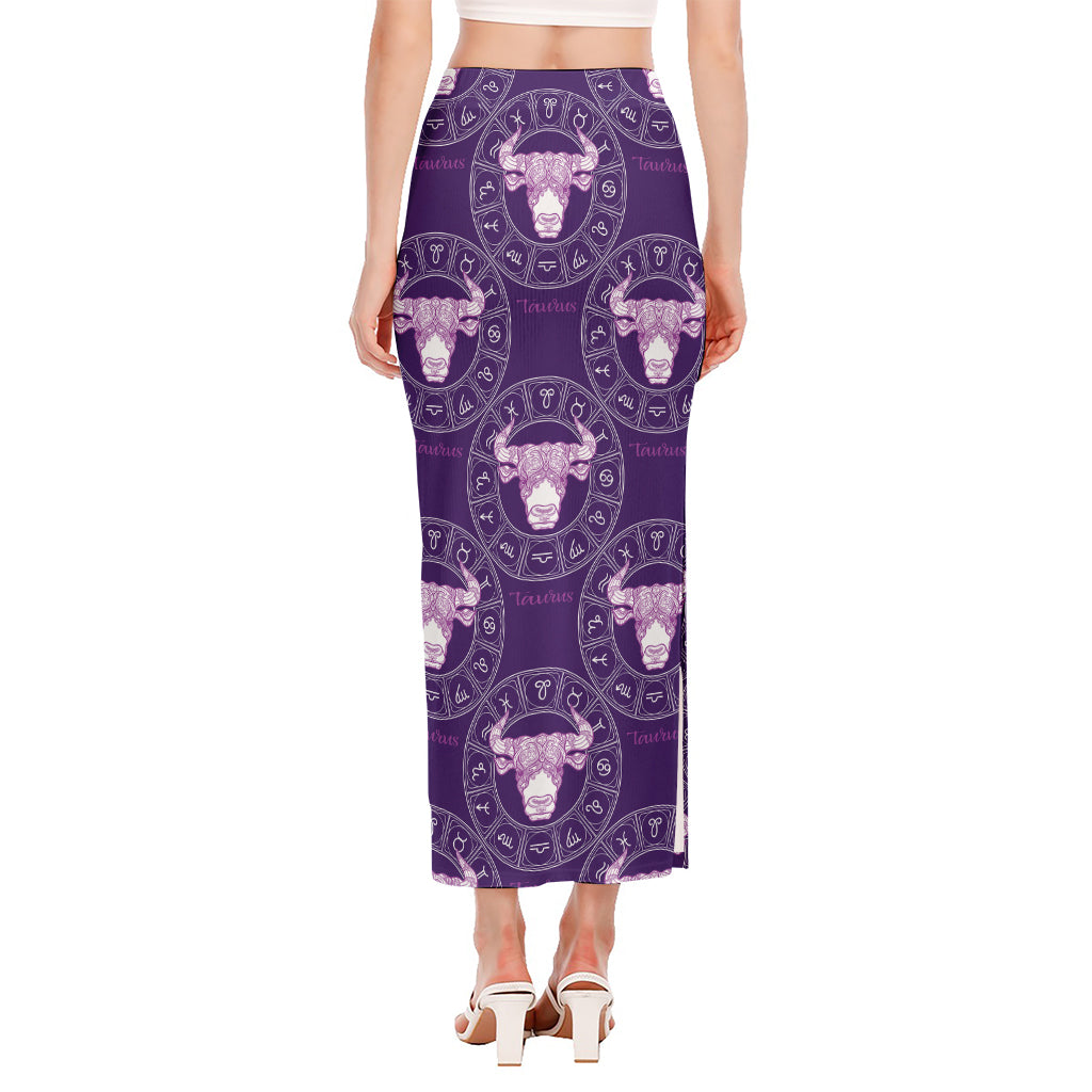 Purple Taurus Zodiac Pattern Print Side Slit Maxi Skirt