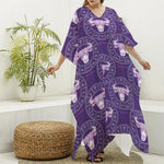 Purple Taurus Zodiac Pattern Print Silk V-Neck Kaftan Dress
