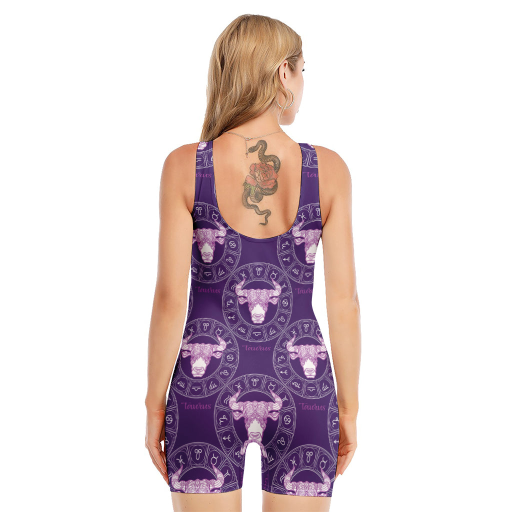 Purple Taurus Zodiac Pattern Print Sleeveless One Piece Swimsuit