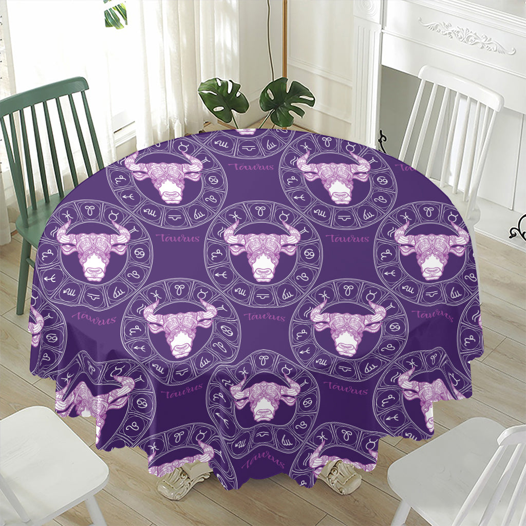 Purple Taurus Zodiac Pattern Print Waterproof Round Tablecloth