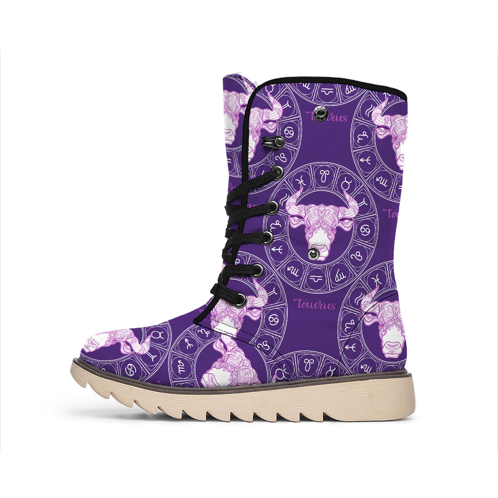 Purple Taurus Zodiac Pattern Print Winter Boots