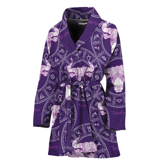Purple Taurus Zodiac Pattern Print Women's Bathrobe