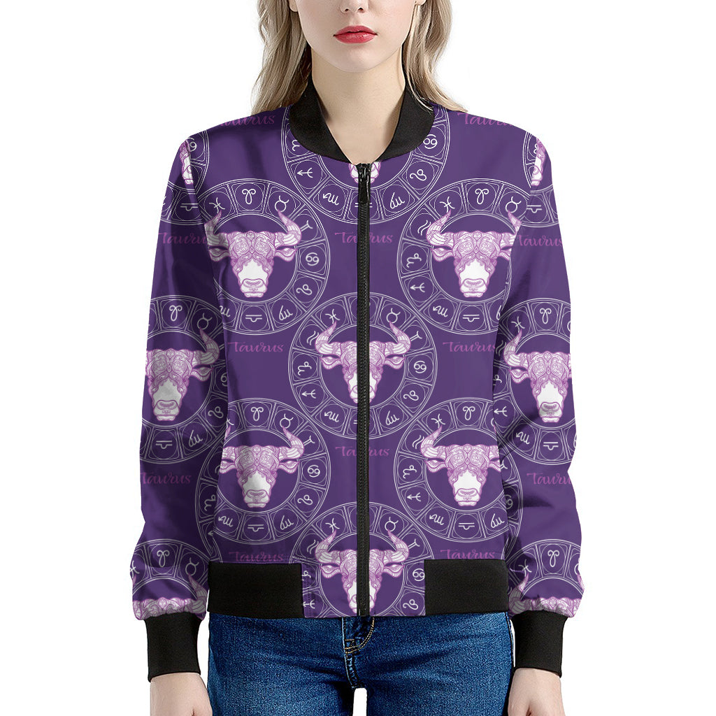 Purple Taurus Zodiac Pattern Print Women's Bomber Jacket