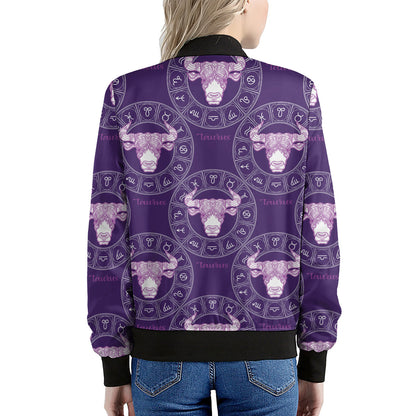 Purple Taurus Zodiac Pattern Print Women's Bomber Jacket