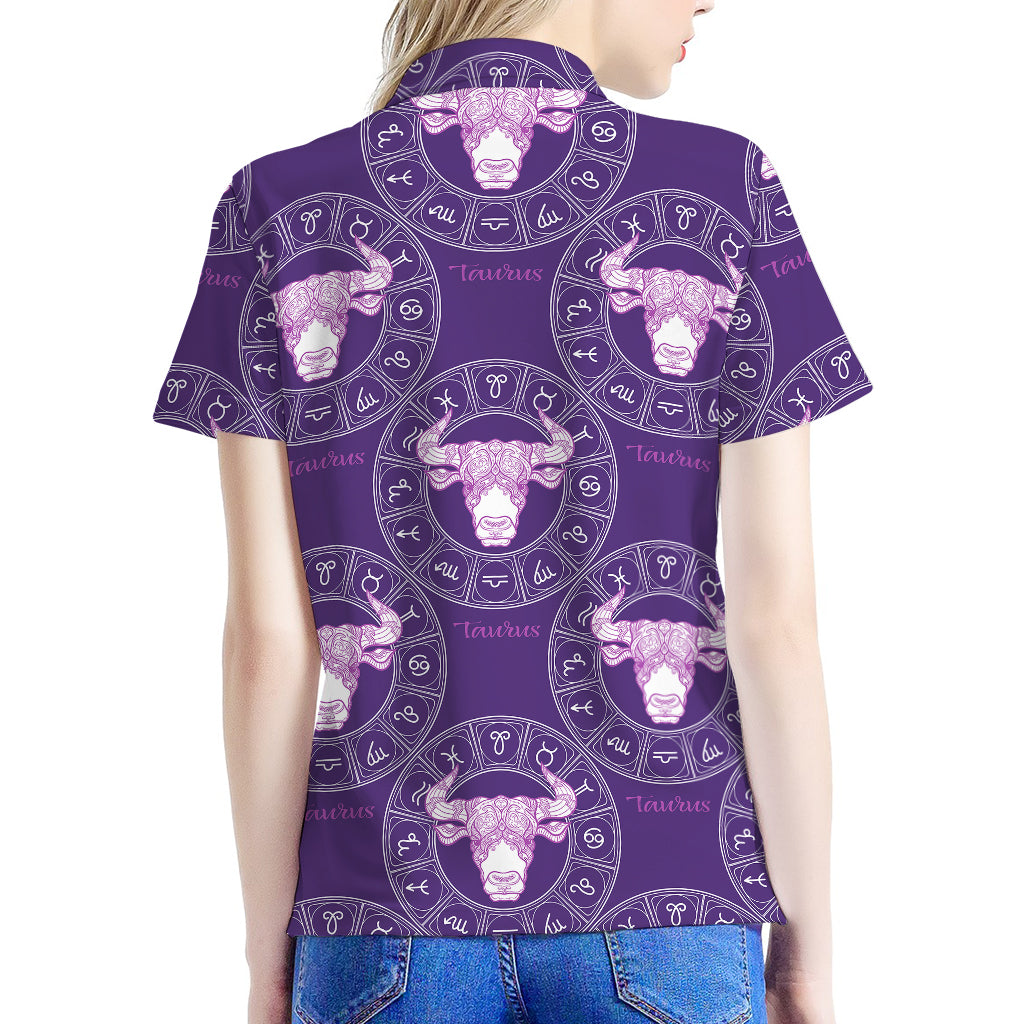 Purple Taurus Zodiac Pattern Print Women's Polo Shirt