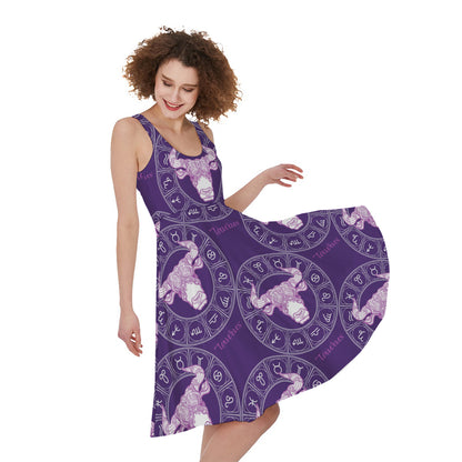 Purple Taurus Zodiac Pattern Print Women's Sleeveless Dress