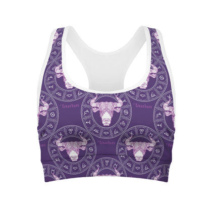 Purple Taurus Zodiac Pattern Print Women's Sports Bra