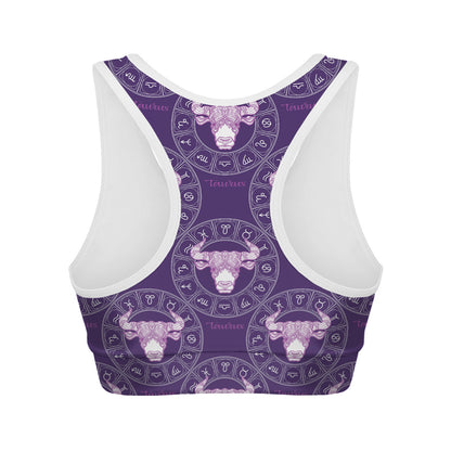Purple Taurus Zodiac Pattern Print Women's Sports Bra