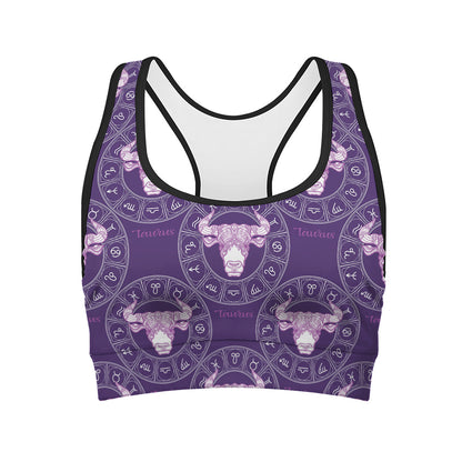Purple Taurus Zodiac Pattern Print Women's Sports Bra
