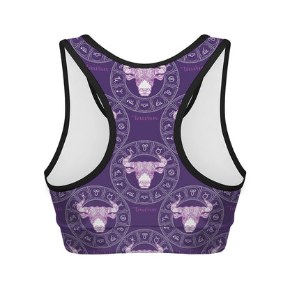 Purple Taurus Zodiac Pattern Print Women's Sports Bra