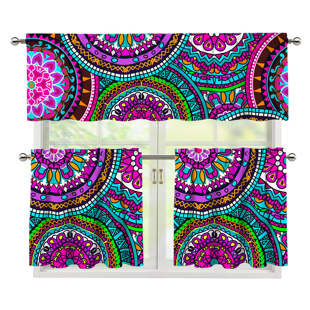 Purple Teal Circle Mandala Print 3 Piece Kitchen Curtains