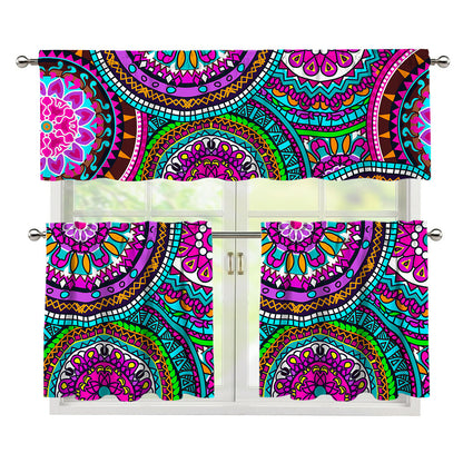 Purple Teal Circle Mandala Print 3 Piece Kitchen Curtains