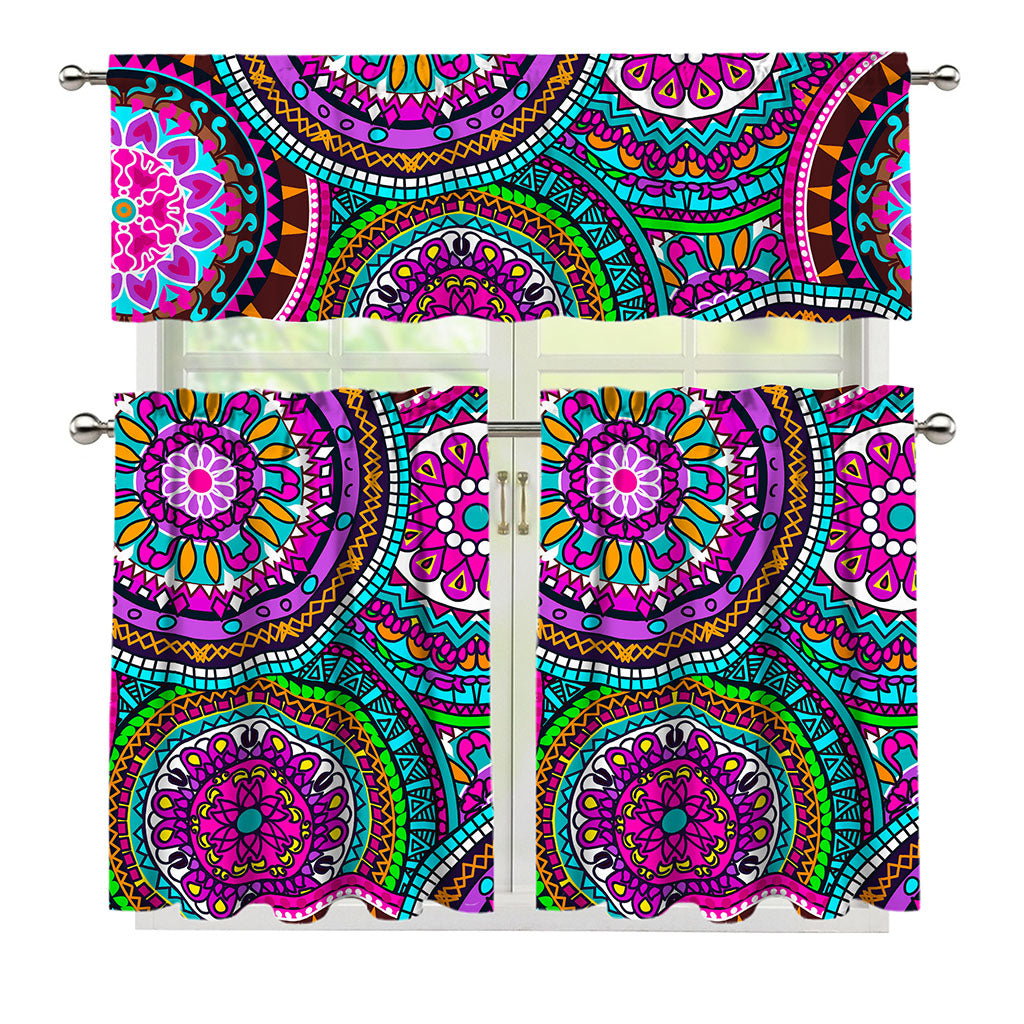 Purple Teal Circle Mandala Print 3 Piece Kitchen Curtains