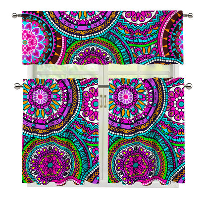 Purple Teal Circle Mandala Print 3 Piece Kitchen Curtains