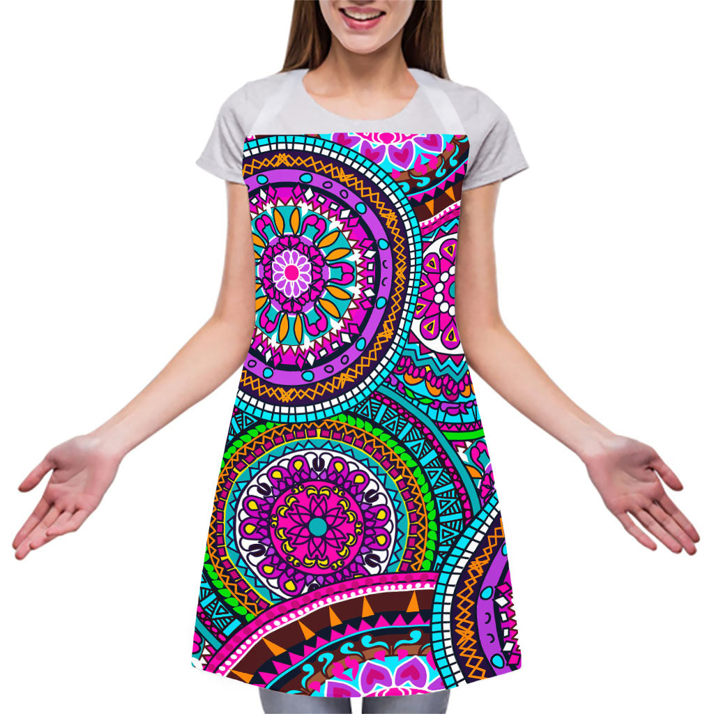 Purple Teal Circle Mandala Print Adjustable Apron