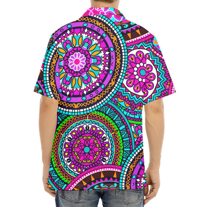 Purple Teal Circle Mandala Print Aloha Shirt