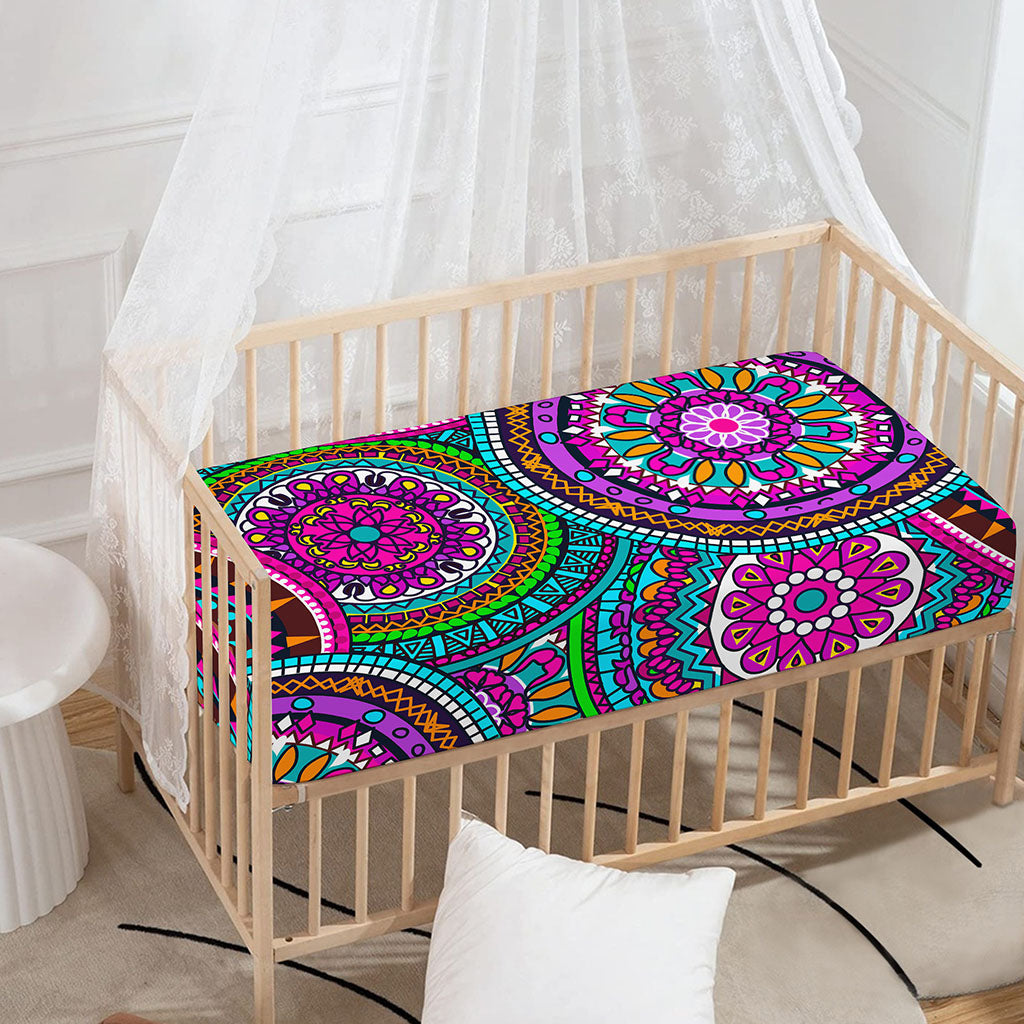 Purple Teal Circle Mandala Print Baby Crib Sheet