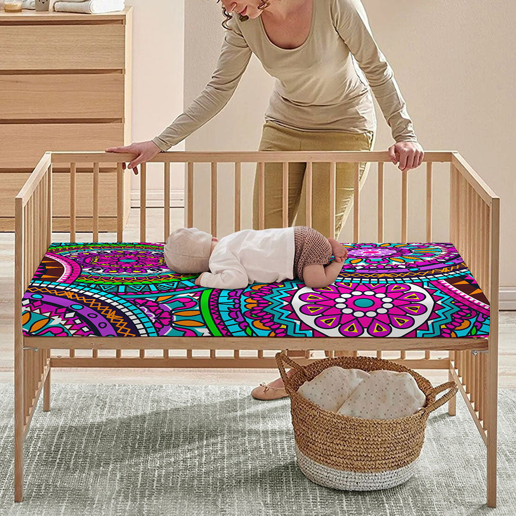 Purple Teal Circle Mandala Print Baby Crib Sheet