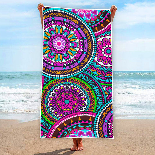 Purple Teal Circle Mandala Print Beach Towel