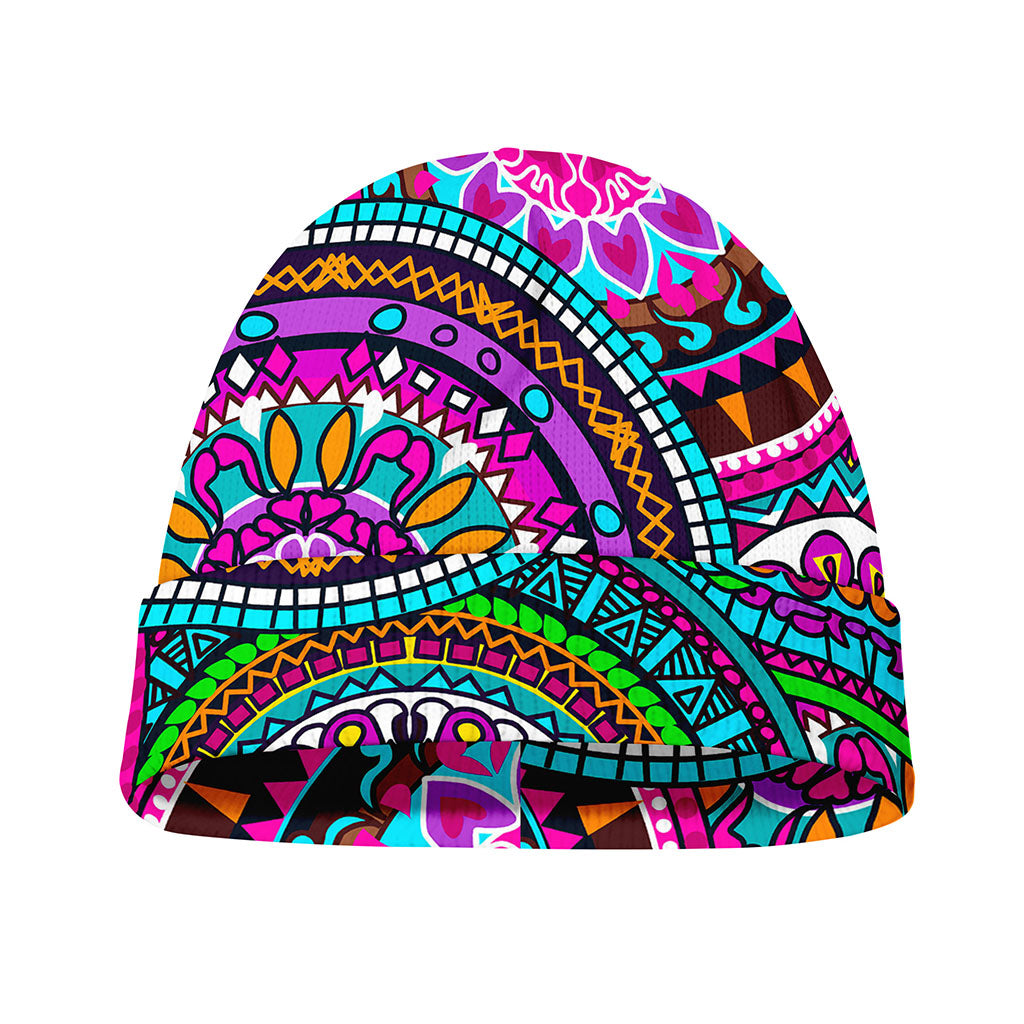 Purple Teal Circle Mandala Print Beanie