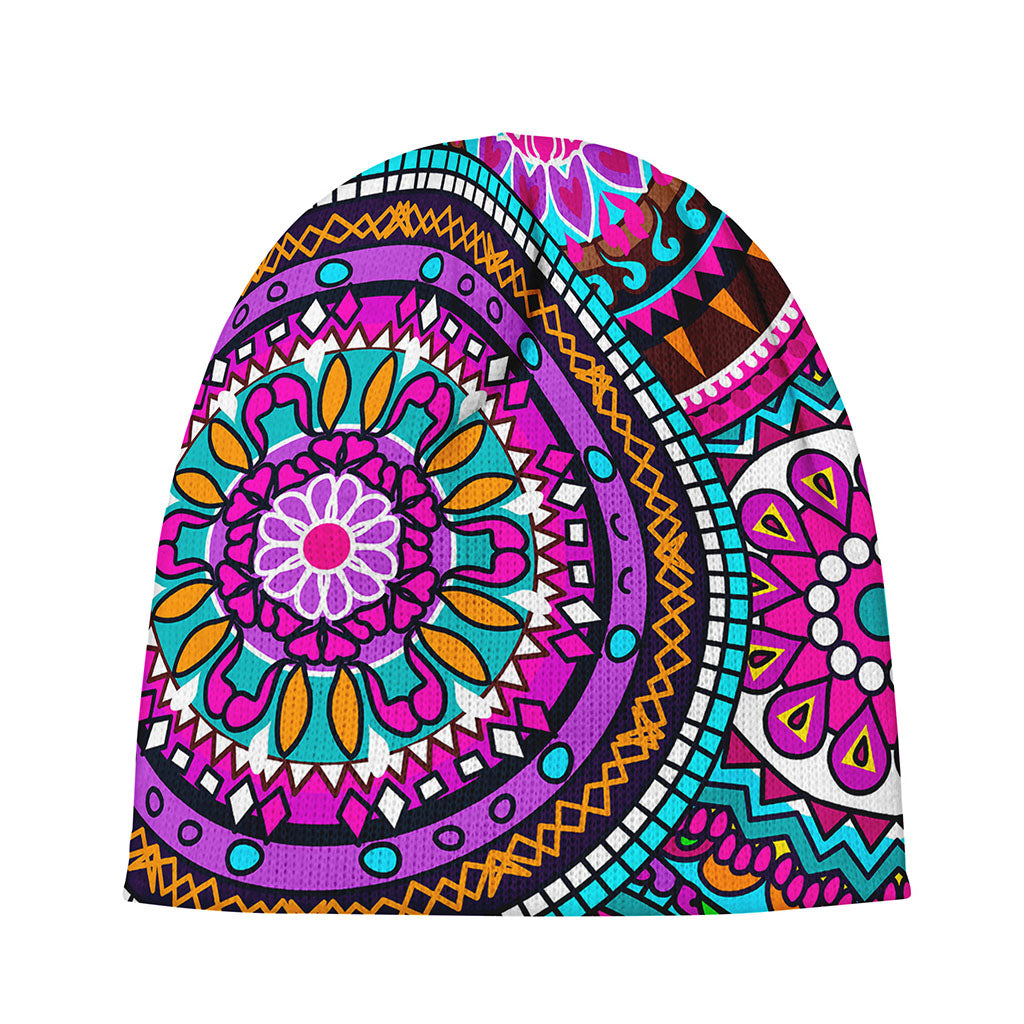 Purple Teal Circle Mandala Print Beanie