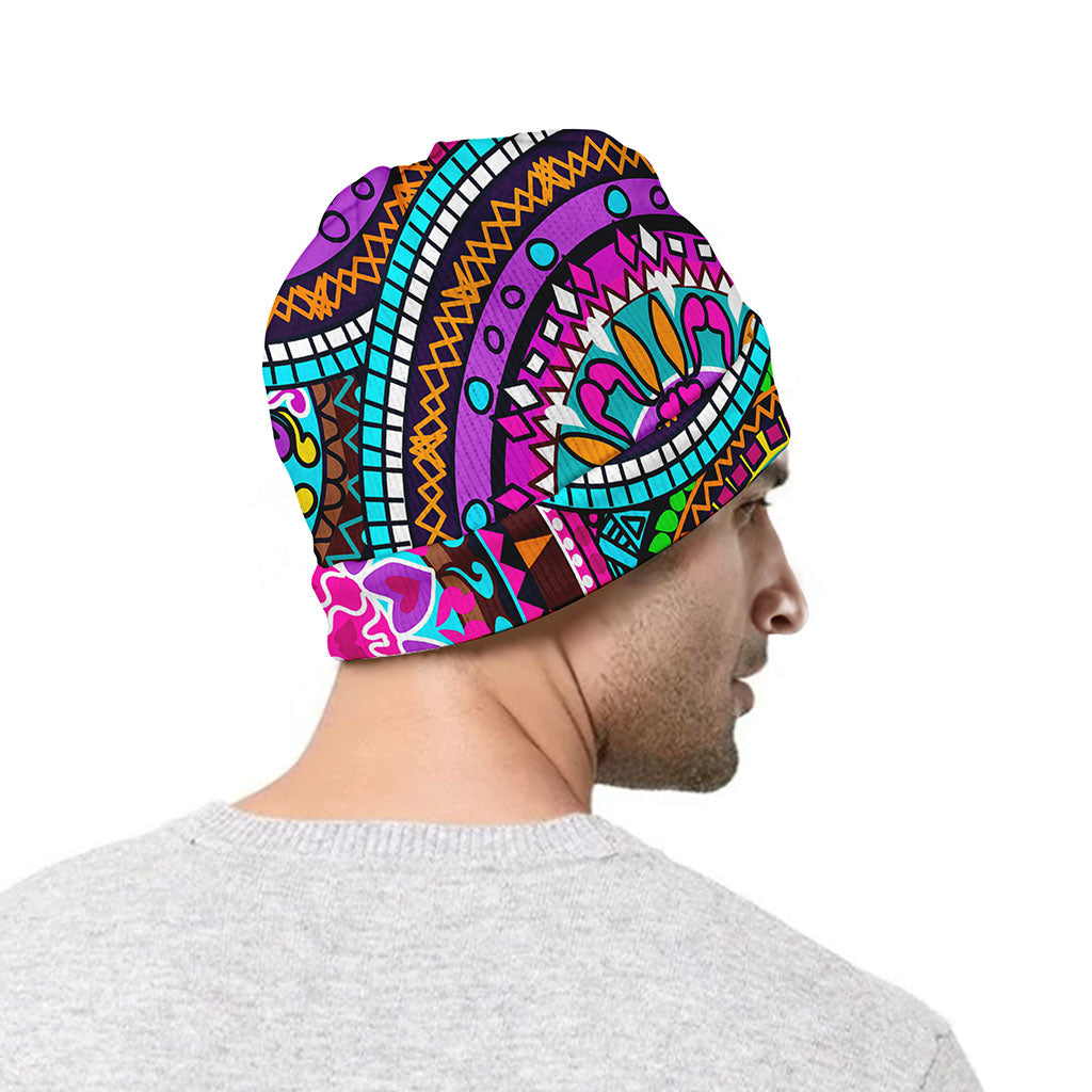 Purple Teal Circle Mandala Print Beanie