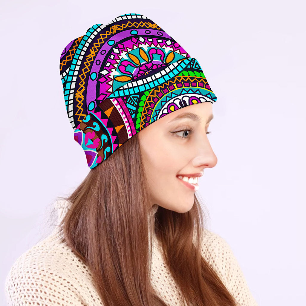 Purple Teal Circle Mandala Print Beanie