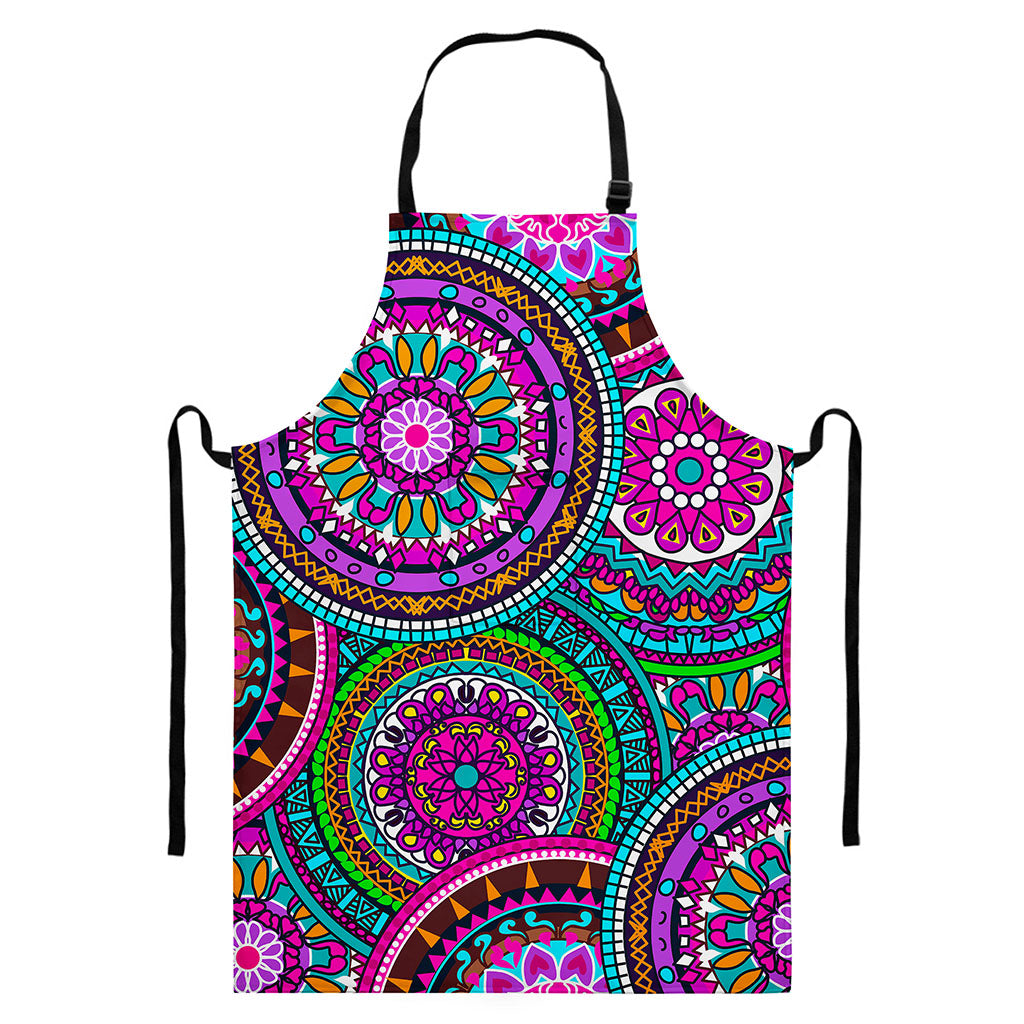 Purple Teal Circle Mandala Print Bib Apron With Pocket
