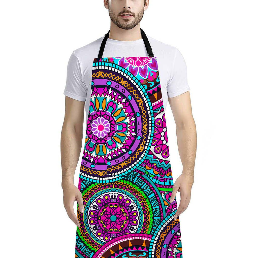 Purple Teal Circle Mandala Print Bib Apron With Pocket
