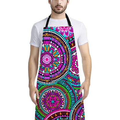 Purple Teal Circle Mandala Print Bib Apron With Pocket