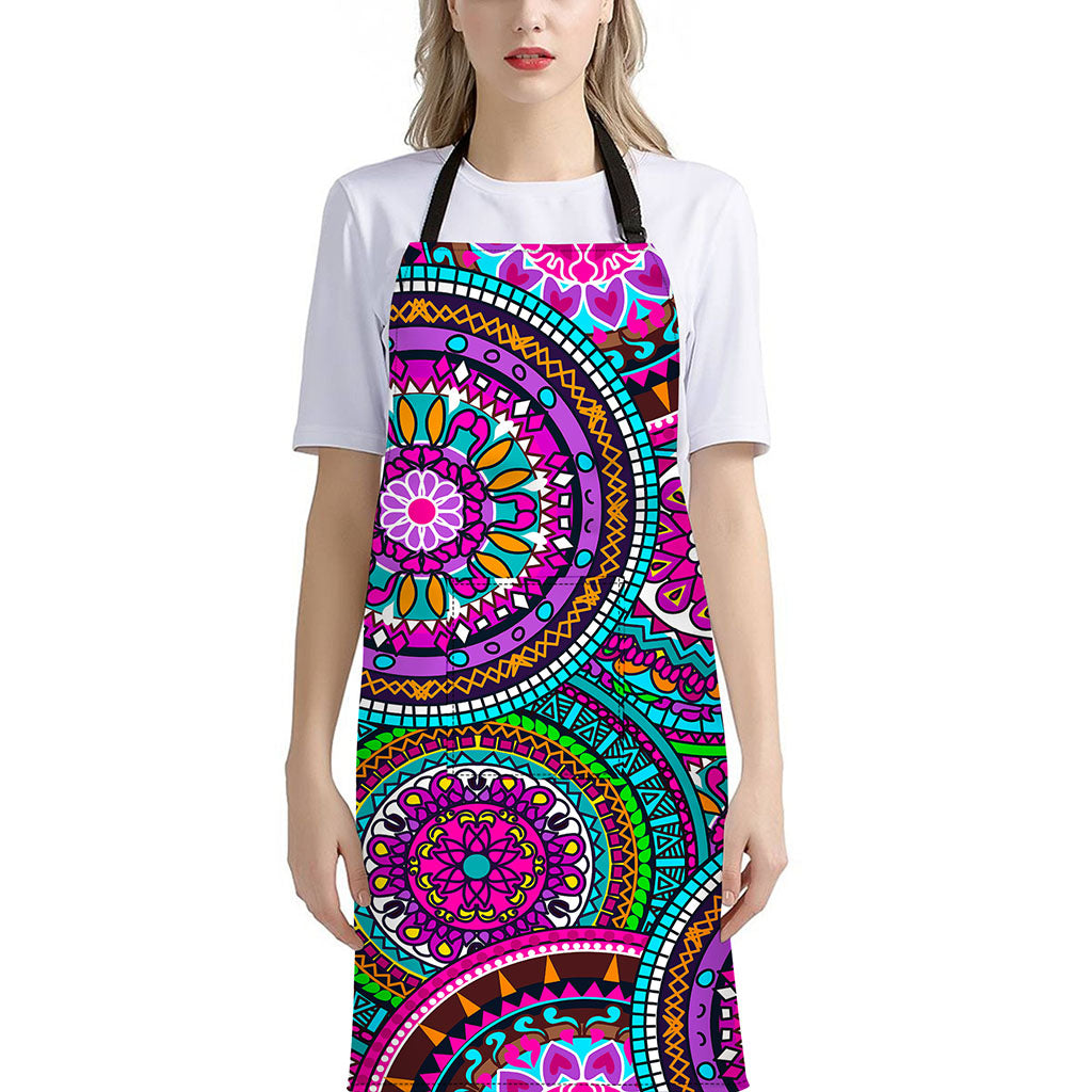 Purple Teal Circle Mandala Print Bib Apron With Pocket